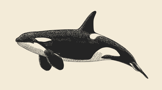 Orca illustration depicting a sleek black and white marine mammal in profile
