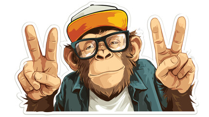 Cartoon monkey posing with peace signs and glasses on white background © Mangku