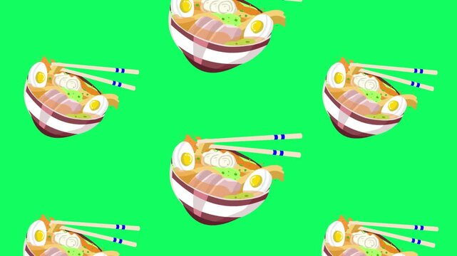Animated video of several bowls of Japanese ramen with noodles and egg descending on a green background, food, art, 2D.