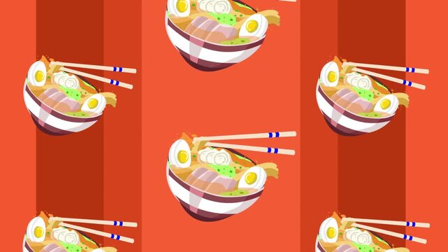Animated video of several bowls of Japanese ramen with noodles and egg descending on a red background, food, art, 2D.