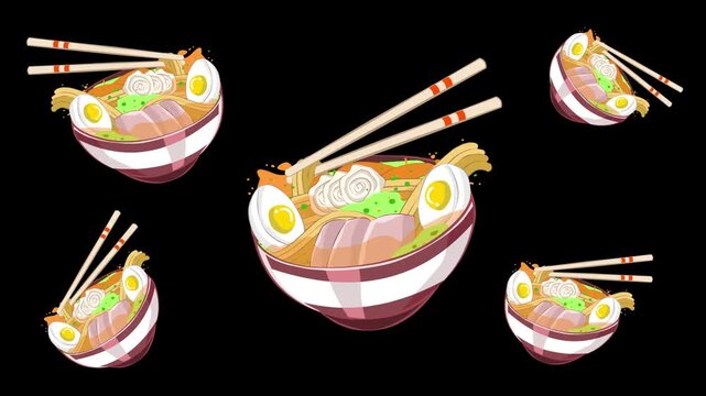 Animated video of several bowls of Japanese ramen with noodles and egg moving on a black background, food, art, 2D.