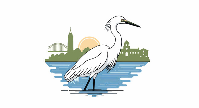 A white egret stands in blue water with a city skyline behind it