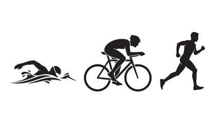 Silhouettes of athletes performing swimming, cycling, and running, representing the triathlon discipline. © RASHIDAPARVIN