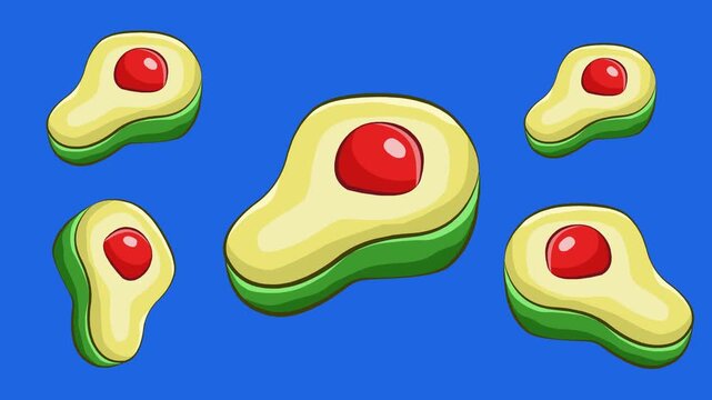 Animated video of several cut avocados moving on a blue background, food, art, 2D.