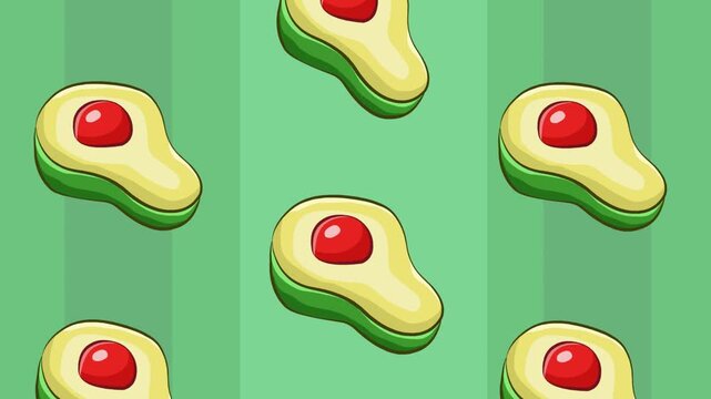Animated video of several cut avocados descending on a green background, food, art, 2D.