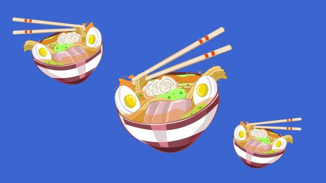 Animated video of three bowls of Japanese ramen with noodles and egg moving on a blue background, food, art, 2D.
