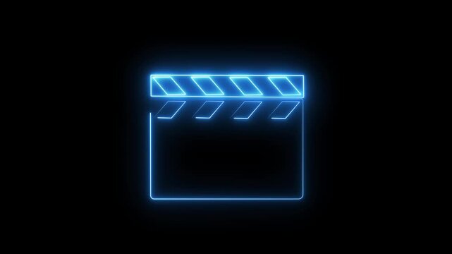 A glowing blue neon clapperboard icon is displayed against a stark black background, symbolizing the film industry and movie production processes for creative projects.