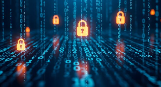 Cyber security and data encryption protection systems. Internet privacy and cloud safety concepts. Glowing digital padlocks floating over a field of binary code and blue light.