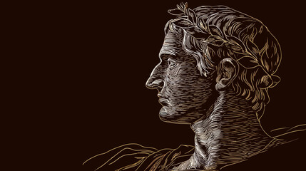 Profile portrait of a historical figure with laurel wreath and dark background © Mangku