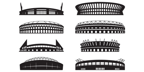 Stadium silhouette icon collection with various arena and sports venue designs © MSTROUJATOUS