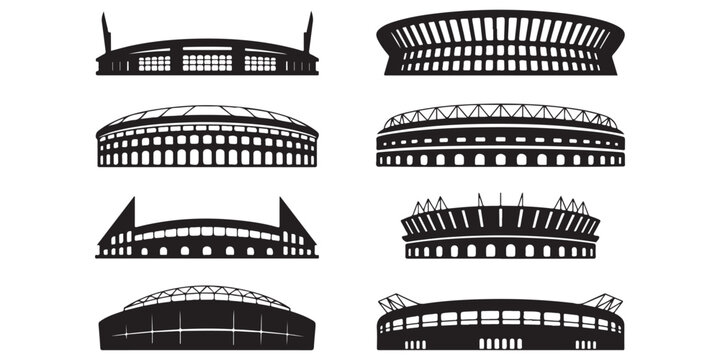 Stadium silhouette icon collection with various arena and sports venue designs