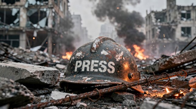 A damaged helmet labeled "PRESS" lies amidst rubble in a war-torn urban area with burning fires and destroyed buildings in the background.