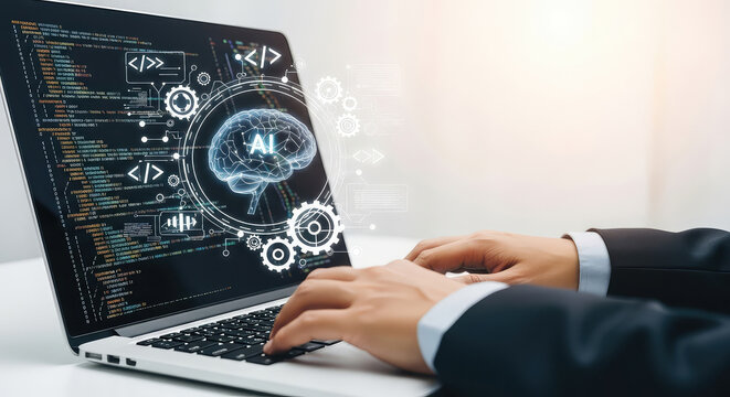 A person working on a laptop with ai and coding graphics