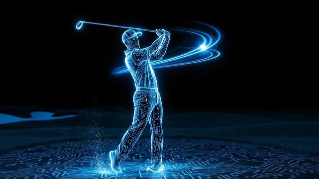 Golfer In Digital Circuit-board Environment Swings Club With Energy Trails Set Against Dark Background Potentially For Sports Tech Futuristic Ai-related Promotional Content