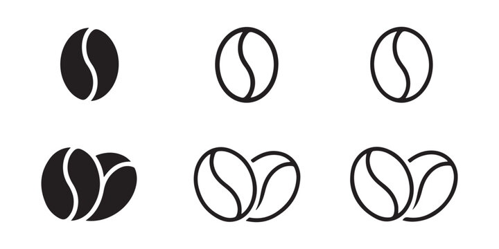 Coffee bean silhouette and outline icon collection isolated on white background for cafe branding beverage design and organic food concepts in minimal vector style