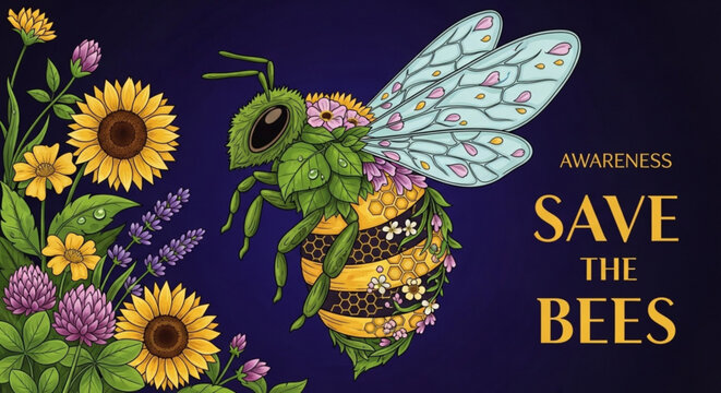 Colorful illustration of a bee with wings and flowers save the bees awareness text environmental conservation concept vibrant yellow and purple background