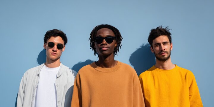 Three males male caucasian male african male caucasian young adults trio against blue wall sunglasses mustard sweater