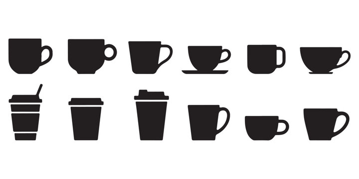 Coffee cup and mug silhouette icon collection with multiple shapes including takeaway cups