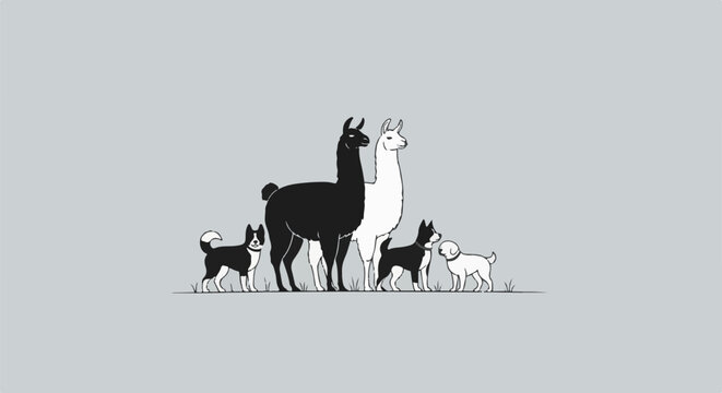 Black and white llamas stand with dogs on a gray background