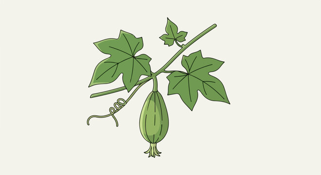 A green gourd hangs from a vine with lobed leaves and tendrils