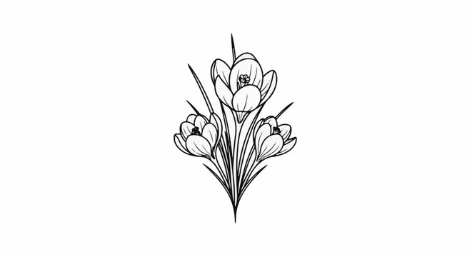 Delicate line drawing of a bouquet of three blooming crocus flowers