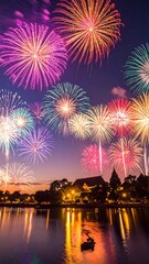 Fototapeta premium Vibrant fireworks explode over a calm lake reflecting the sky and lights