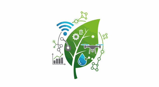 Digitalized green leaf shows smart farming tech drone, WiFi, data, water, gear