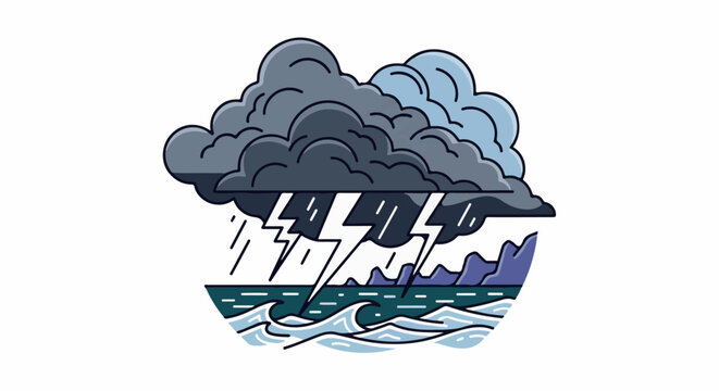 Dark storm clouds unleash rain and lightning over a turbulent sea