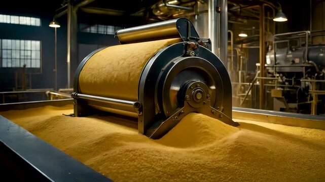 Large industrial machine processing grain with rotating drum and flowing raw material inside modern factory production environment