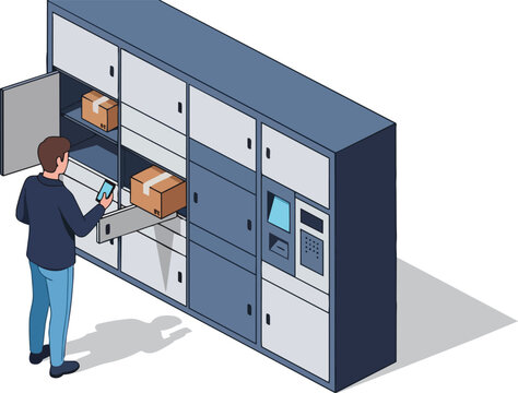 Isometric illustration of a man using a smartphone to pick up a package from an automated parcel locker. Smart delivery and e-commerce logistics concept.
