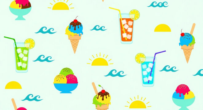 Colorful illustration of ice cream drinks and summer elements on a light background with vibrant patterns and playful designs
