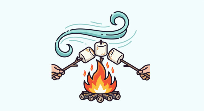 Hands roast marshmallows over a campfire with wavy lines above