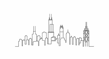 Fototapeta premium Stylized black and white line drawing of a city skyline with skyscrapers
