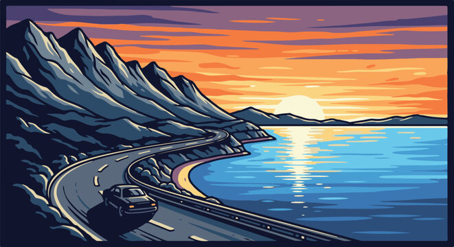 Pixel art coastal highway with a car driving along the ocean at sunset
