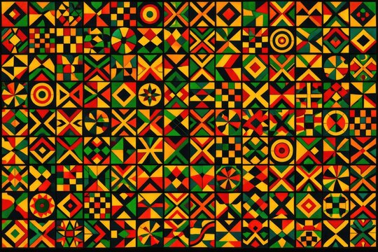 African geometric pattern background, vibrant tribal mosaic texture, traditional kente style textile design in red yellow green and black