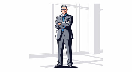 Fototapeta premium Confident businessman in a suit stands with arms crossed indoors