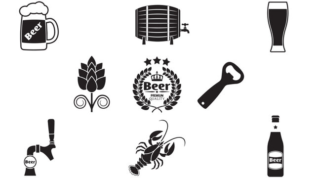 Beer icons including a mug, barrel, glass, hops, crest, bottle opener, tap, lobster, and bottle with cap.