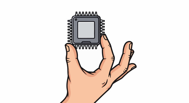 Hand holding a central processing unit against a white background