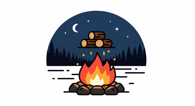 Nighttime campfire scene with stacked logs above a blazing fire