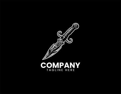 Ornate curved dagger fantasy weapon black vector logo illustration isolated on white background