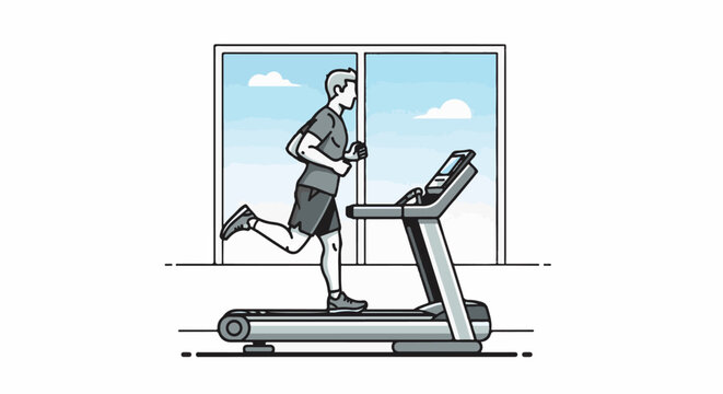 Man running on treadmill indoors with a view of clouds through window