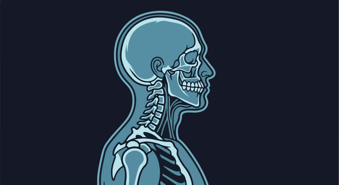 Side profile illustration of a human skull and upper torso skeleton