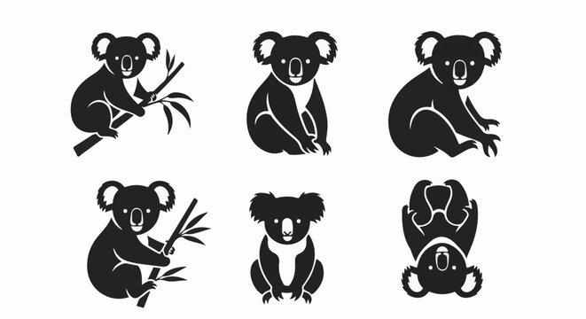 Six distinct black silhouette koala designs on a white background