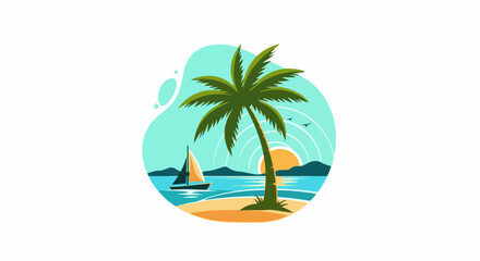 Obraz premium A vibrant tropical beach scene with a sailboat, palm tree, and sunset