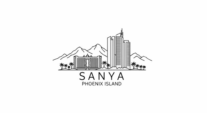 Stylized illustration of a tropical city skyline with mountains and palm trees