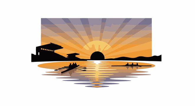 Sunrise over water with rowers and silhouetted structures