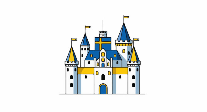 Whimsical cartoon castle with blue and yellow flags and towers