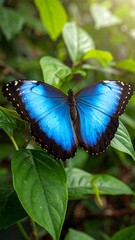 Naklejka premium Vibrant blue morpho butterfly rests on bright green leaves in sunlit tropical foliage
