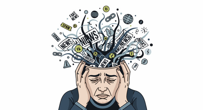 Overwhelmed by information, a person clutches head as news and symbols flood out