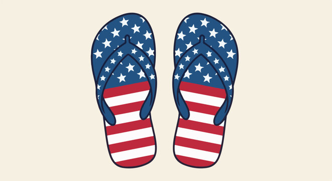 Pair of patriotic flip-flops with stars and stripes pattern